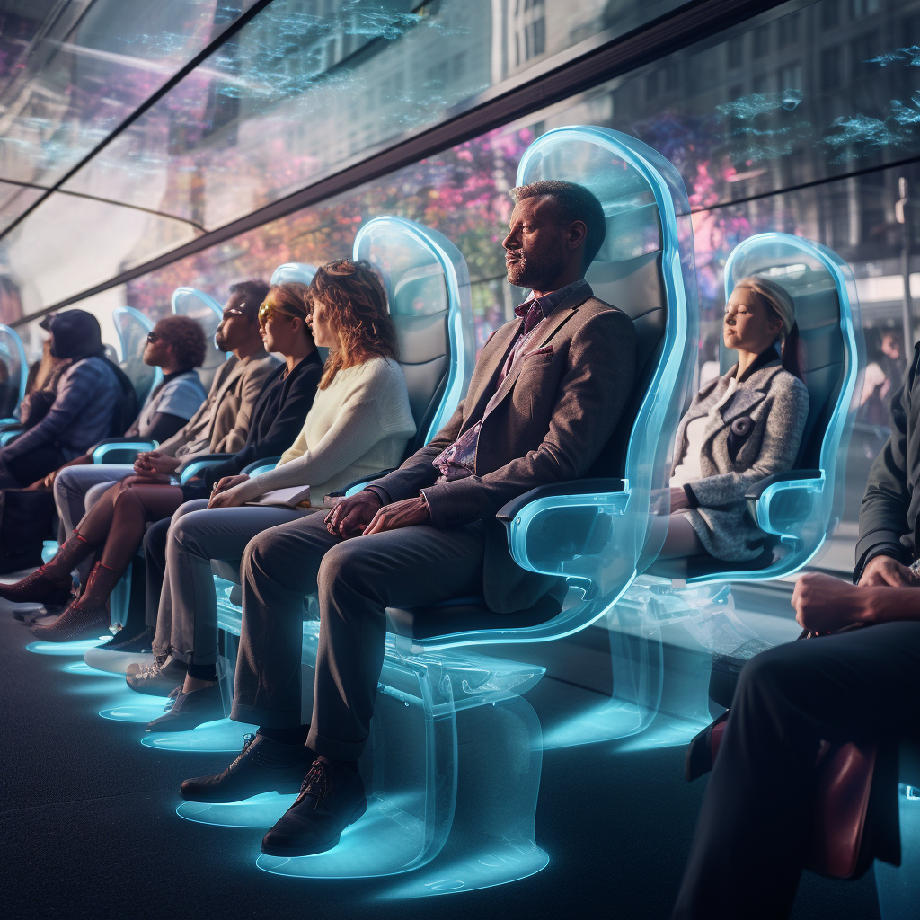 Commuters meditating on futuristic bus in London