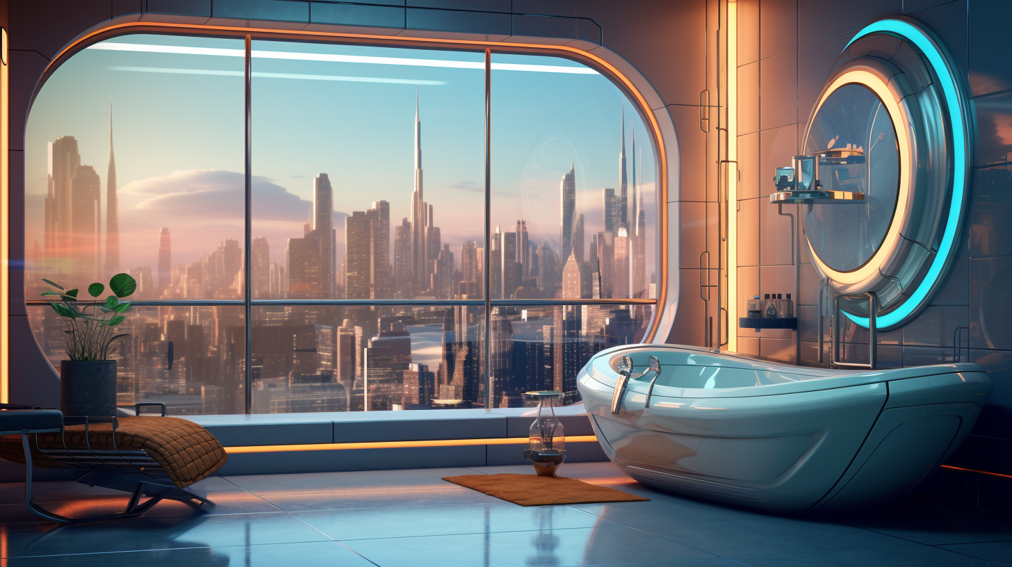 Futuristic bathroom with sunrays and cyberpunk city view