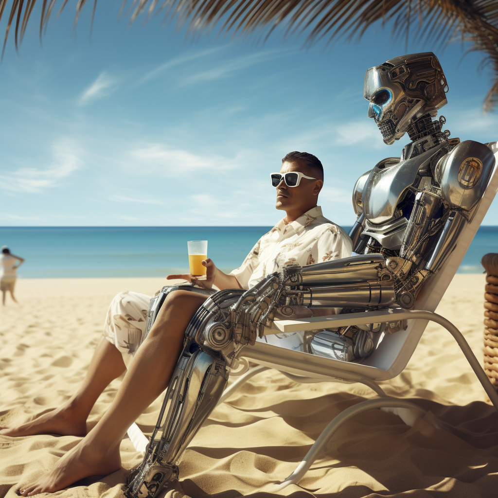 Futuristic beach vacation with robots and technology