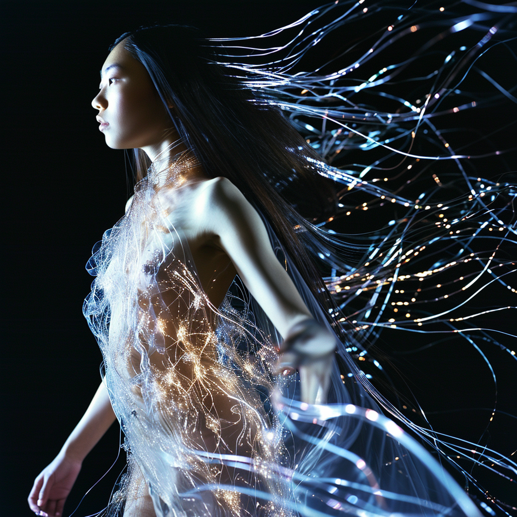 Asian woman in futuristic dress with crystals and sparks