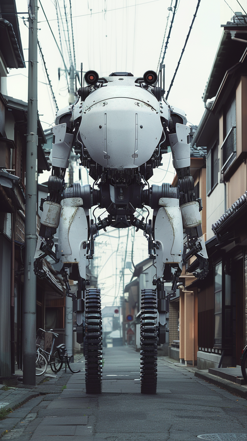 White robotic war machine in Japan