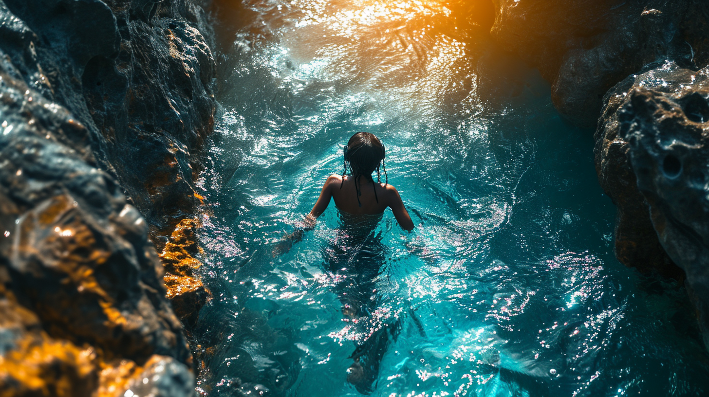 Cyborg Black Girl Floating in Mercury Pool