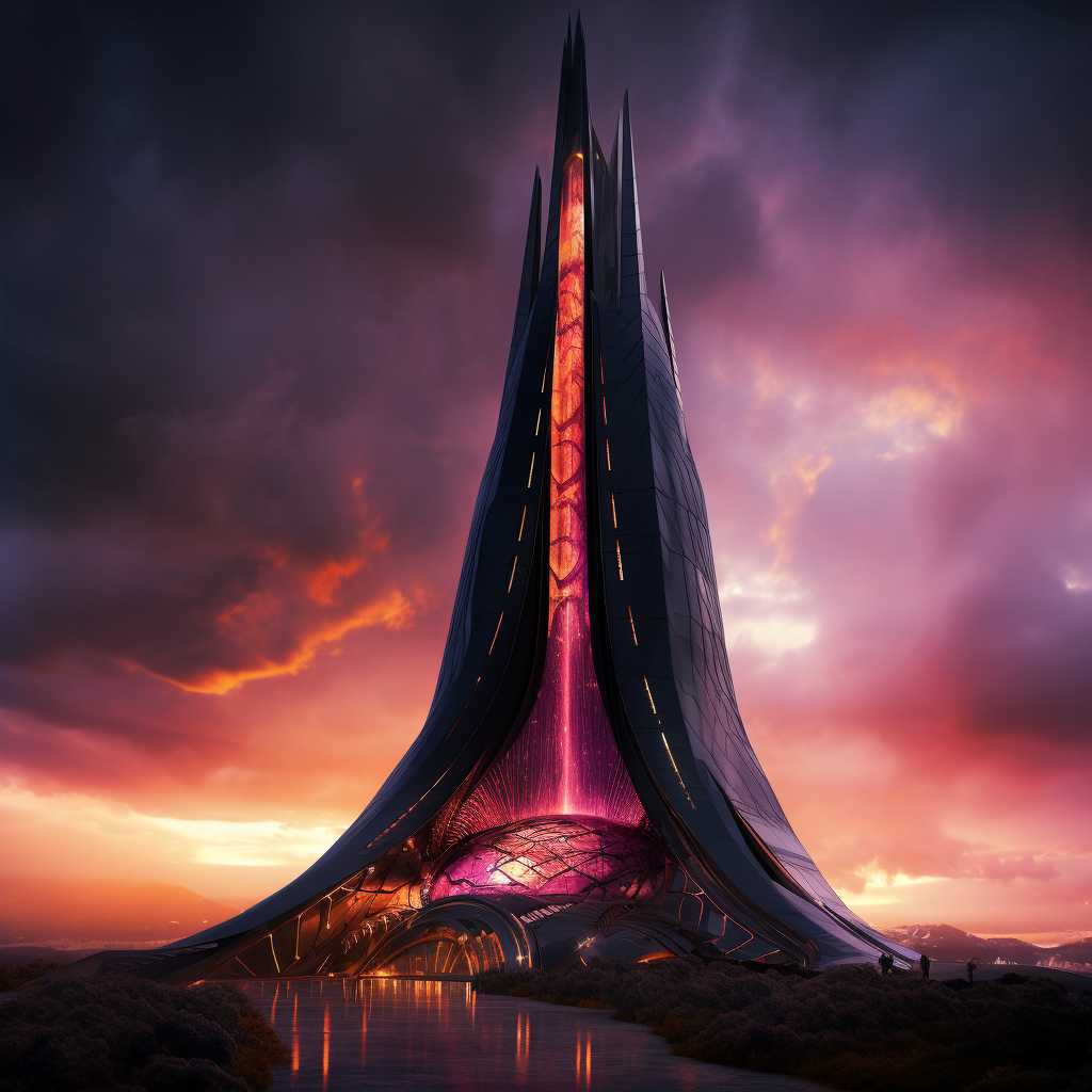 Futuristic black glass tower with purple eye