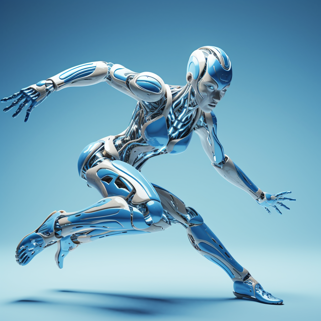 Futuristic blue robot woman in attack pose