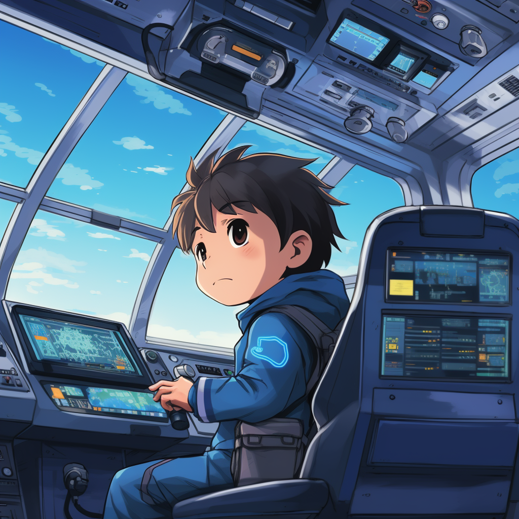 Tim in futuristic bus with animated character 'ハル'