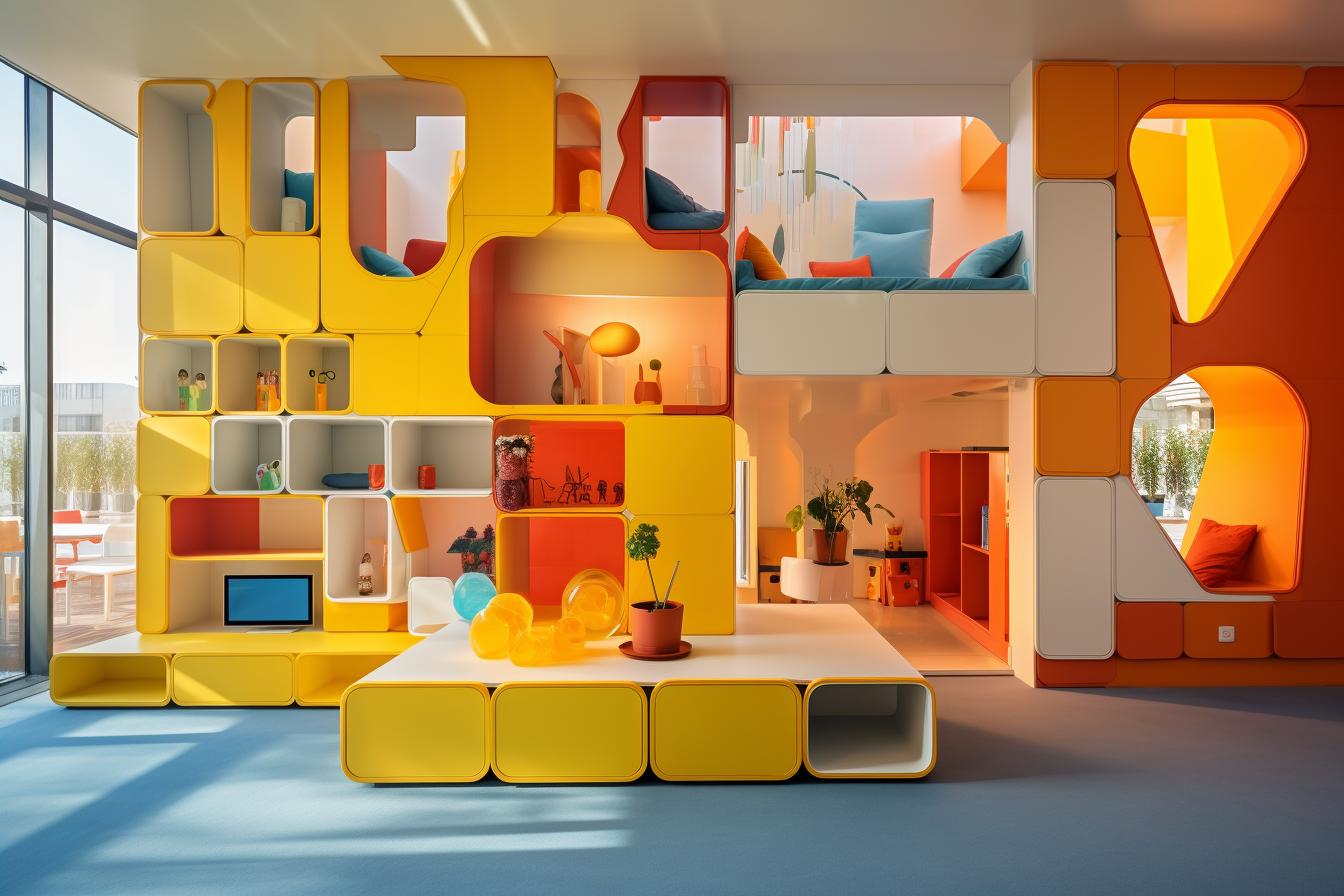 Futuristic campus with vibrant Duplo blocks