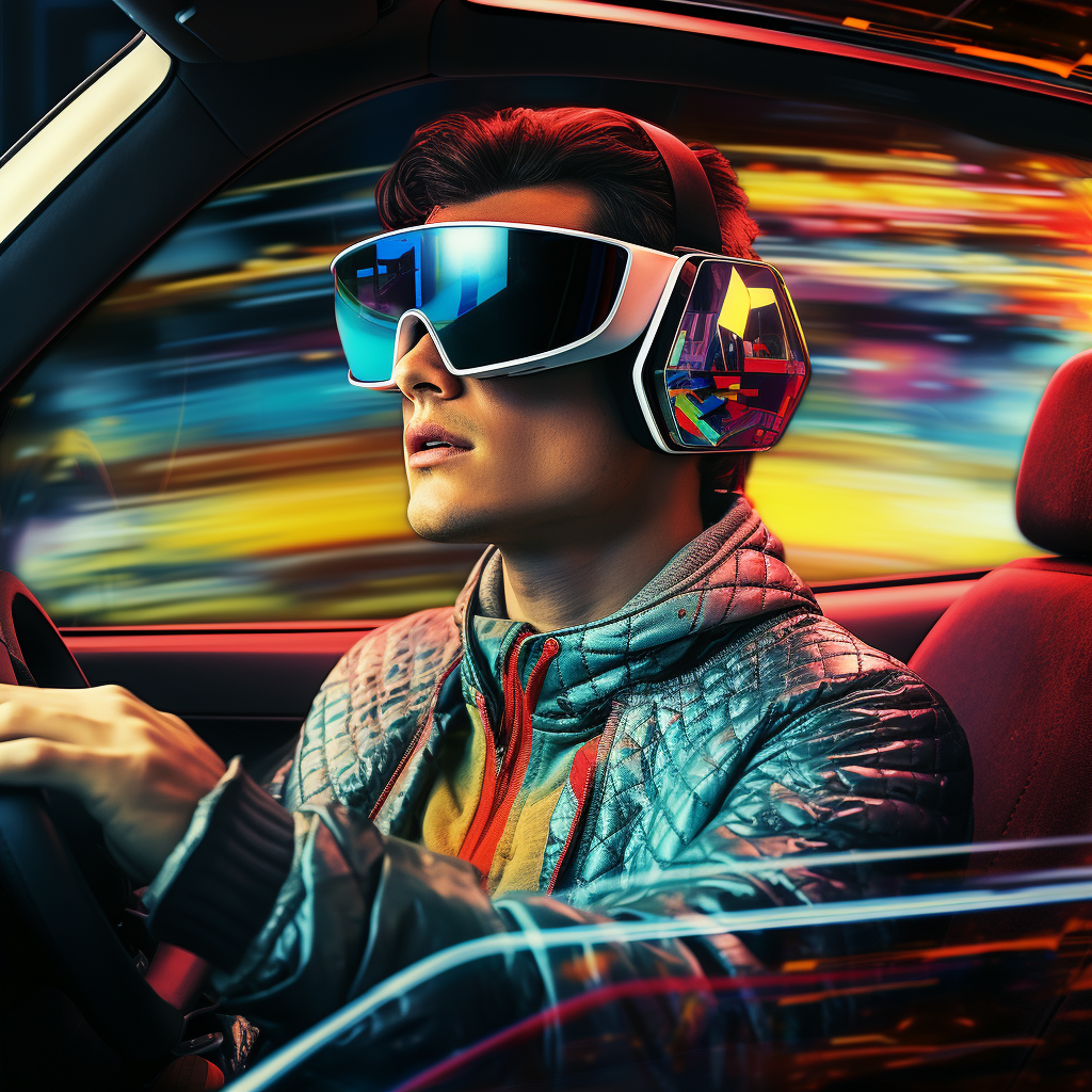 Person driving futuristic car with colorful cybernetic glasses