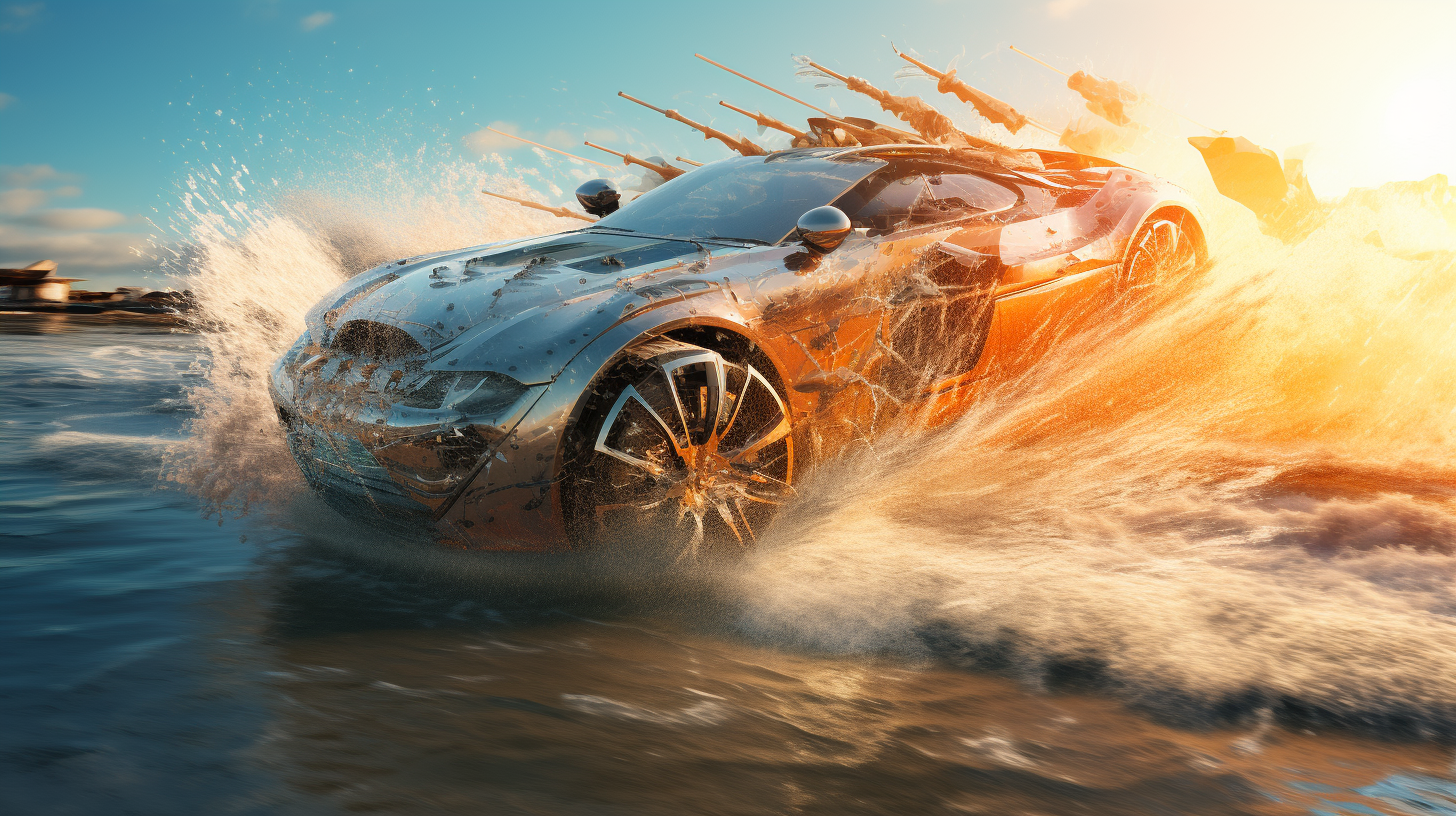 Futuristic car falling in sea