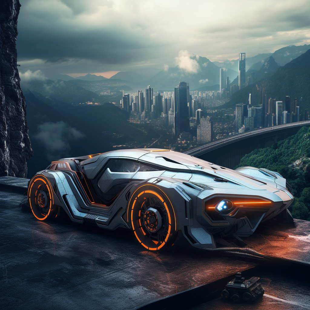 Futuristic car on mountain ledge with cyberpunk skyline