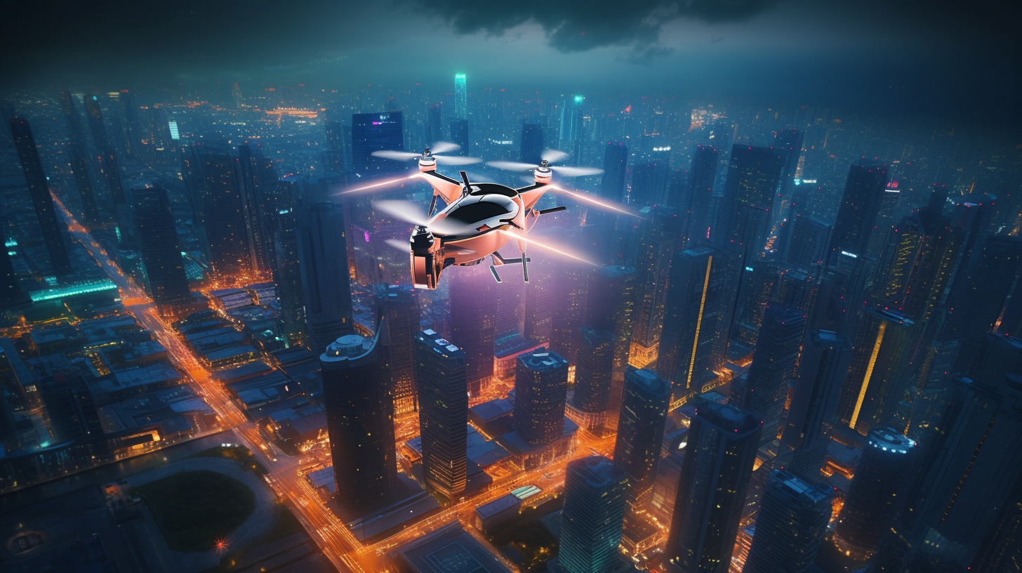 Futuristic city with drone delivering parcels