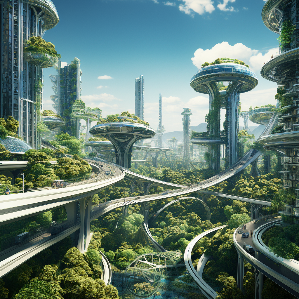 Futuristic city with green life scenery