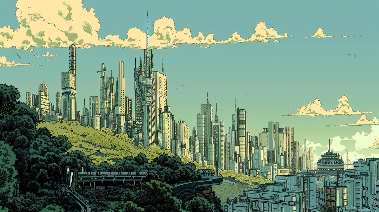 Hill overlooking futuristic city illustration