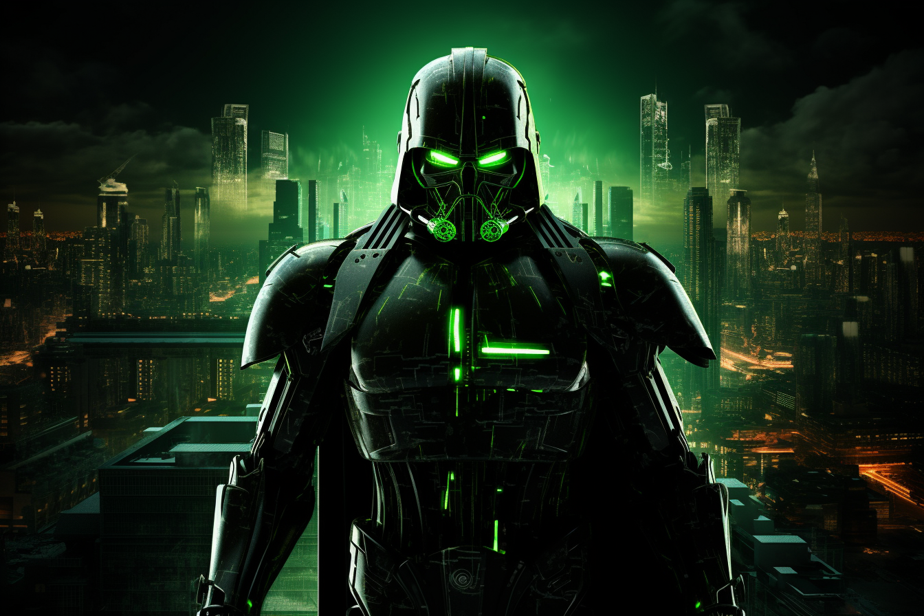 Futuristic city with hulk robot outlined in green neon