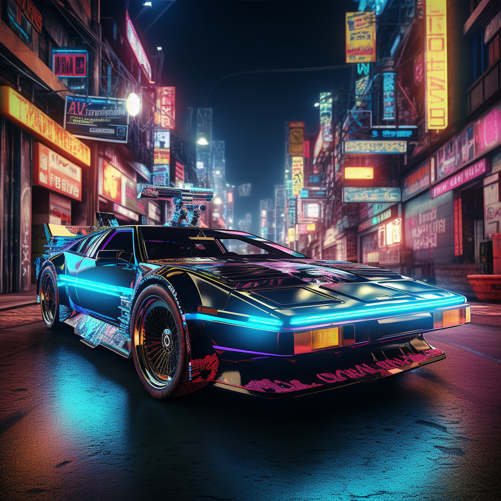 80s car parked in futuristic city