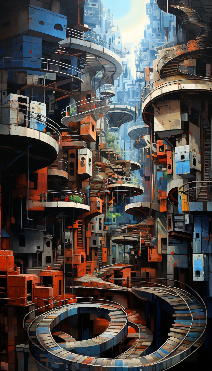 Futuristic city painting with an urban spiral resemblance