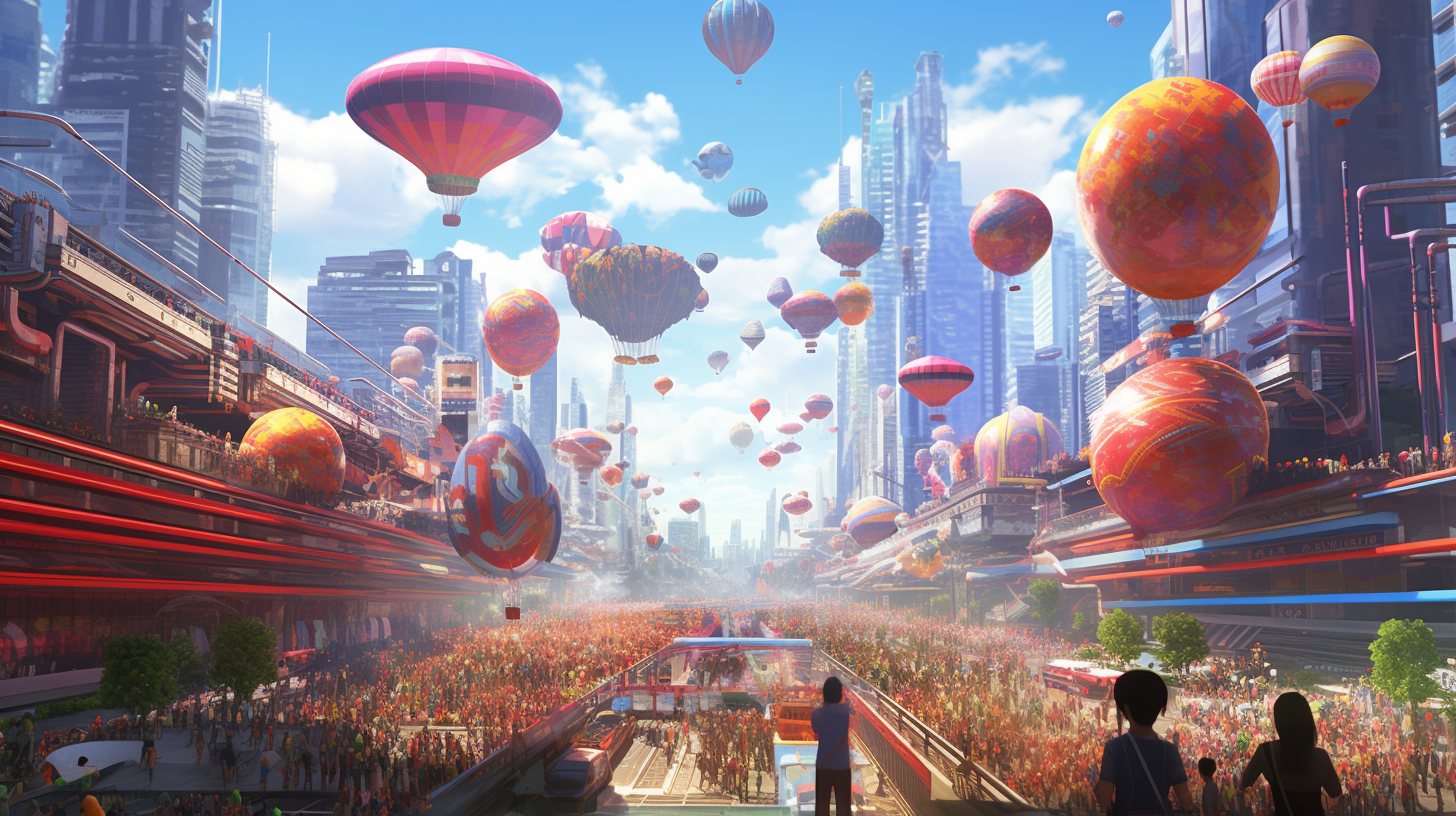 Colorful futuristic city parade with floats and people