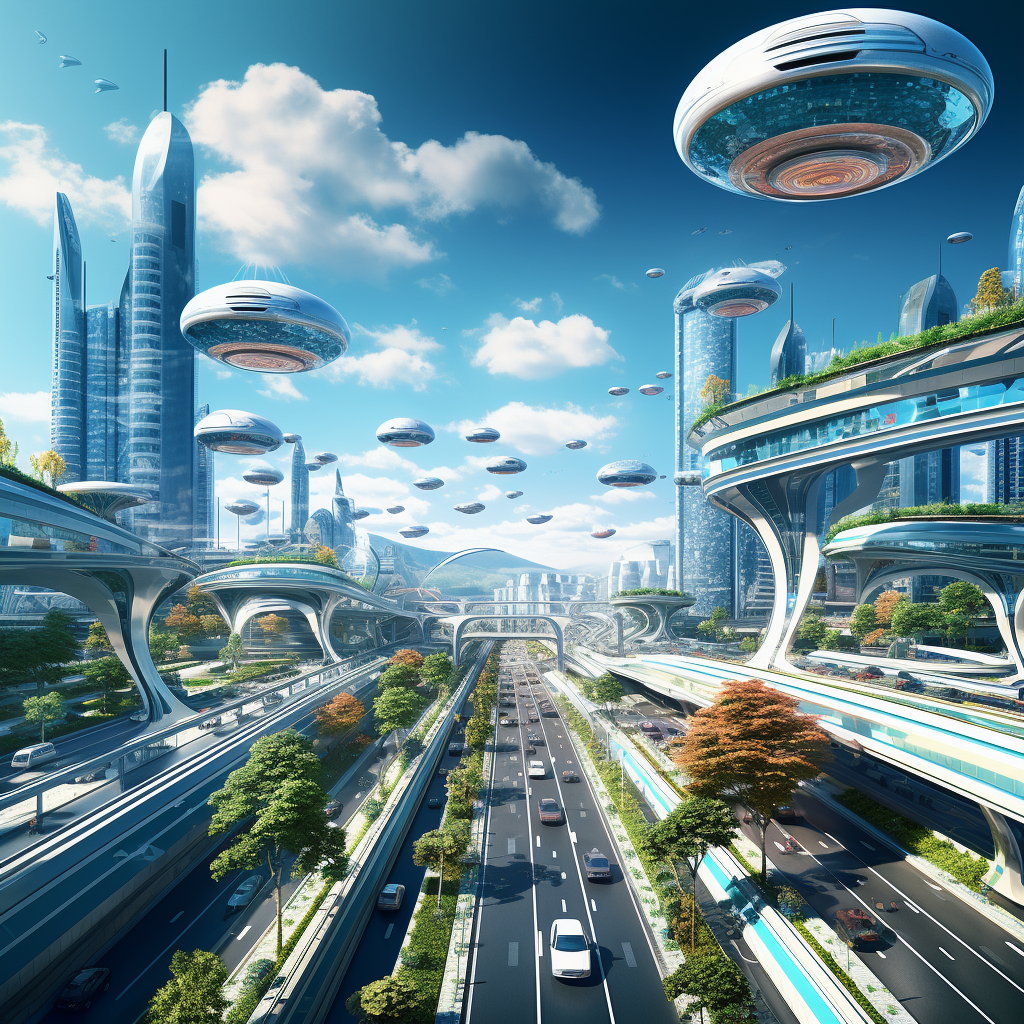 Futuristic city with flying cars