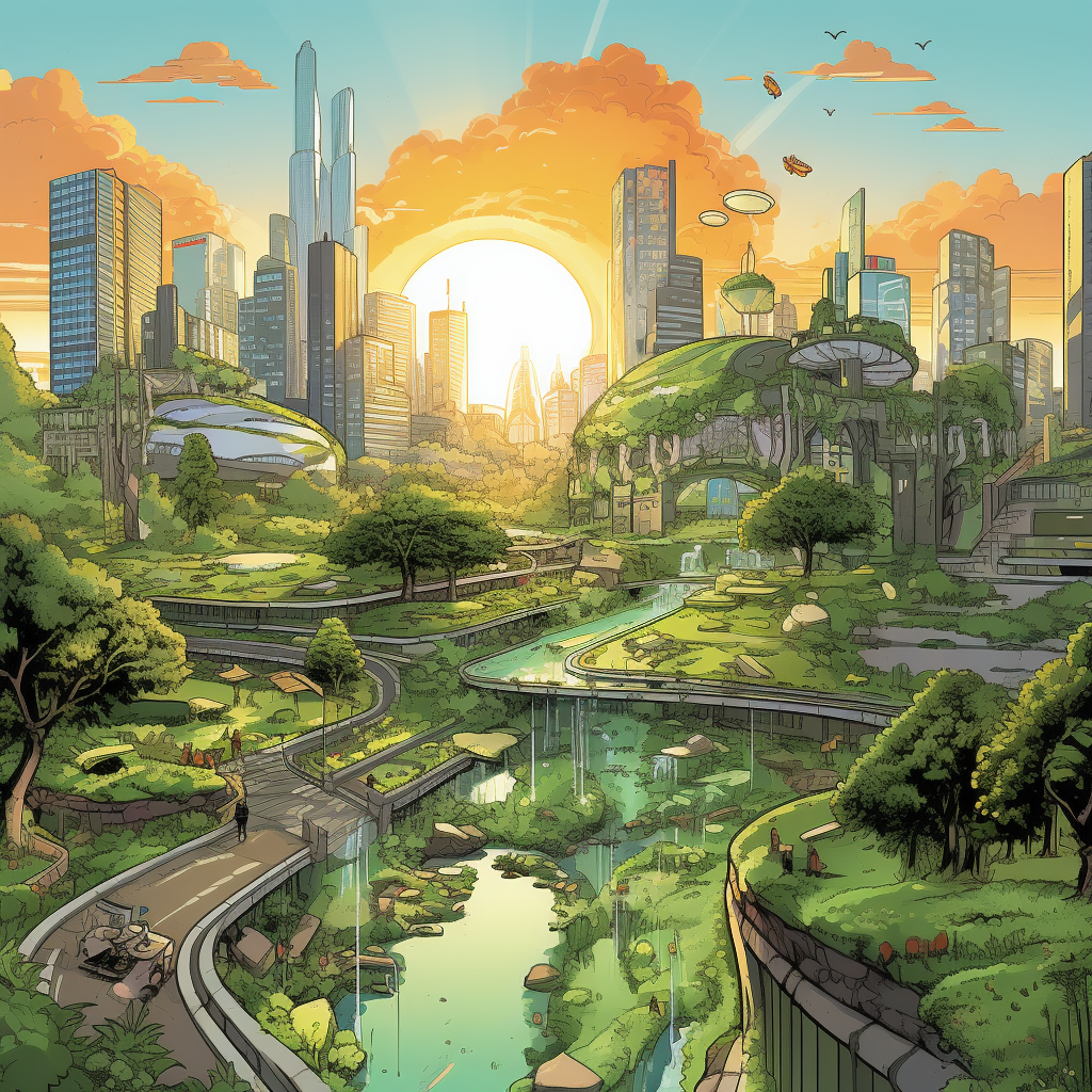 Energetic comic book-style image of sustainable futuristic city