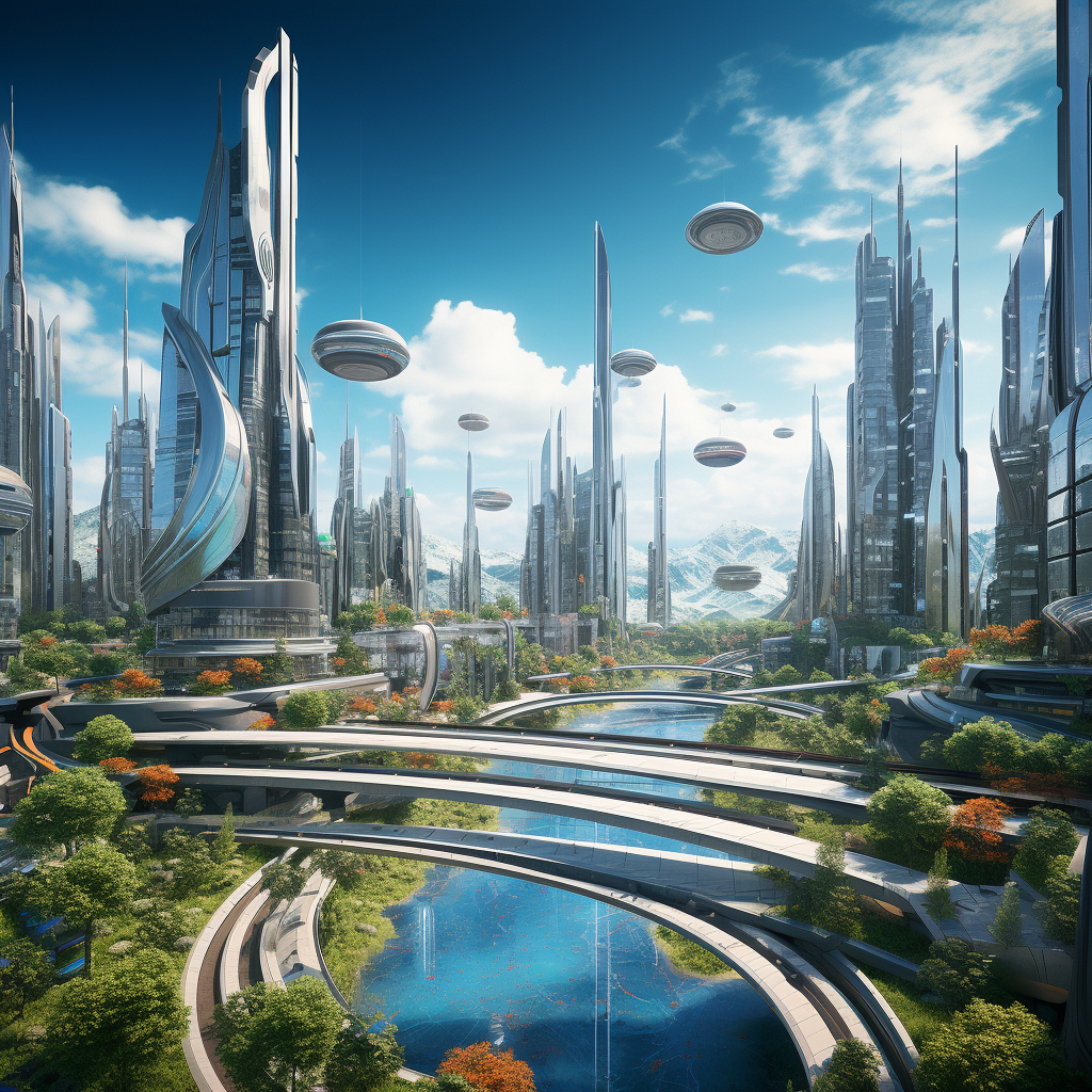 Aerial view of futuristic city with tall buildings