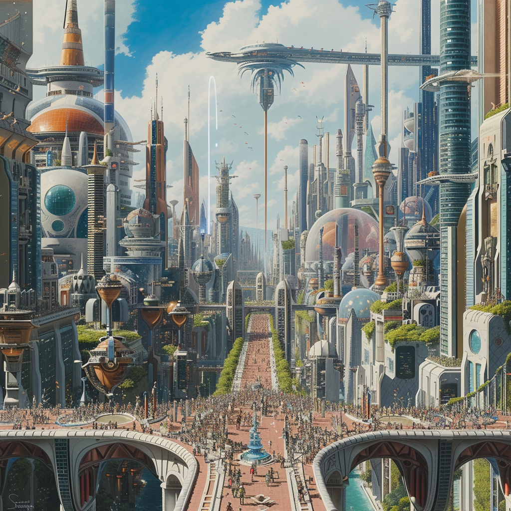 Futuristic cityscape with diverse population