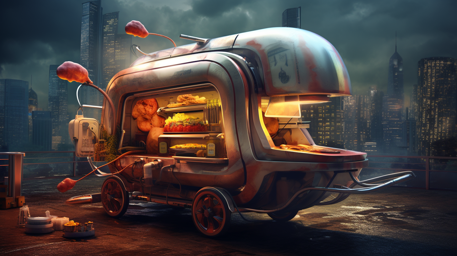 Futuristic cityscape hotdog cart photo