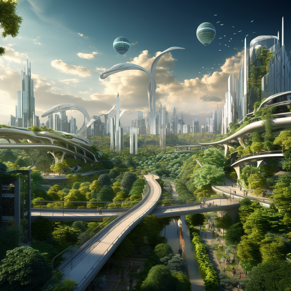 Futuristic cityscape with technology and nature harmonizing