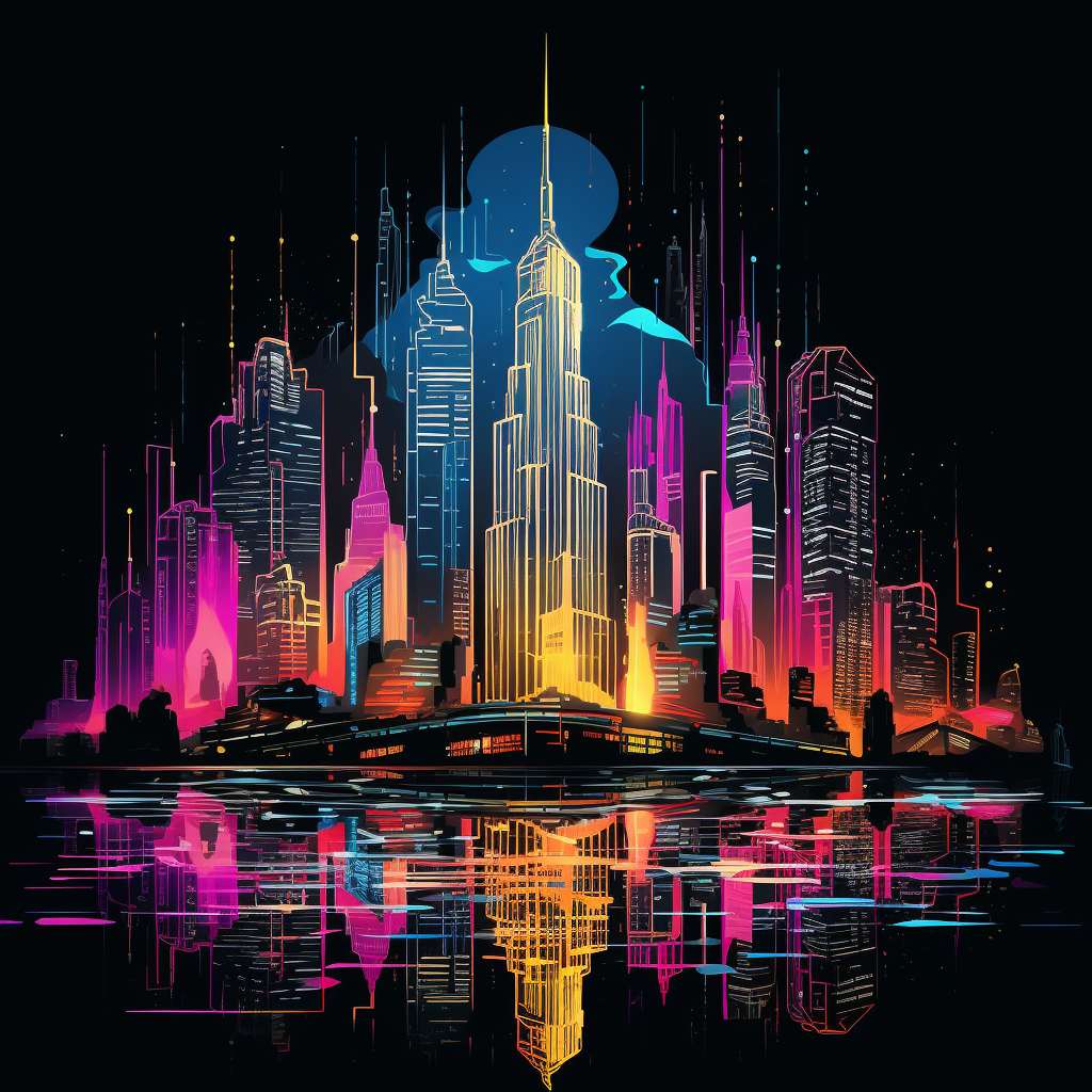 Futuristic Cityscape with Skyscrapers and Neon Signs