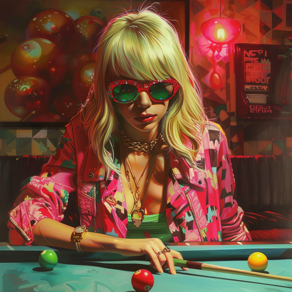 Futuristic clubber playing snooker with Barbie girl