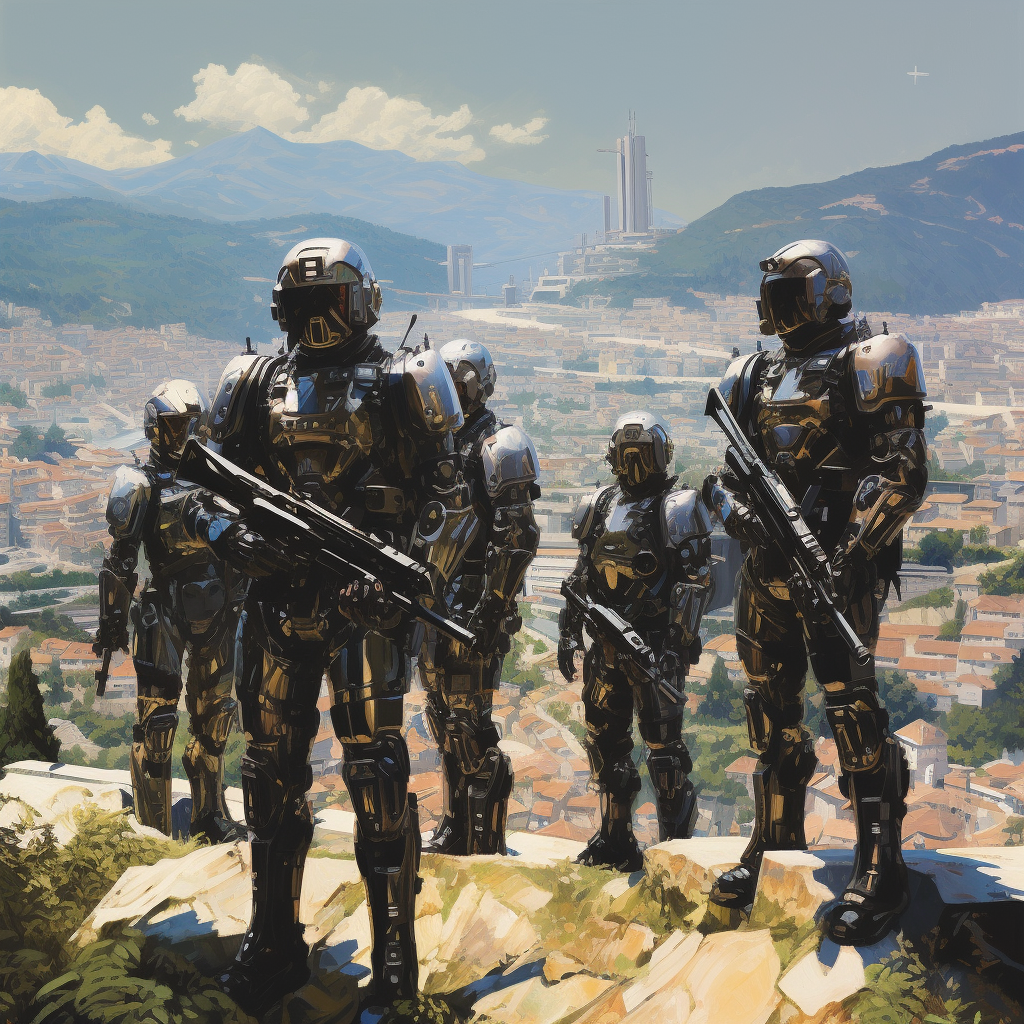 Short men in futuristic combat armor on hill