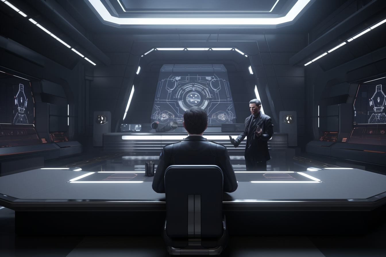 Futuristic courtroom with judge, convict, and lawyer