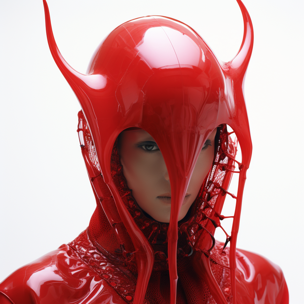 Stylish futuristic cyber devil costume on display