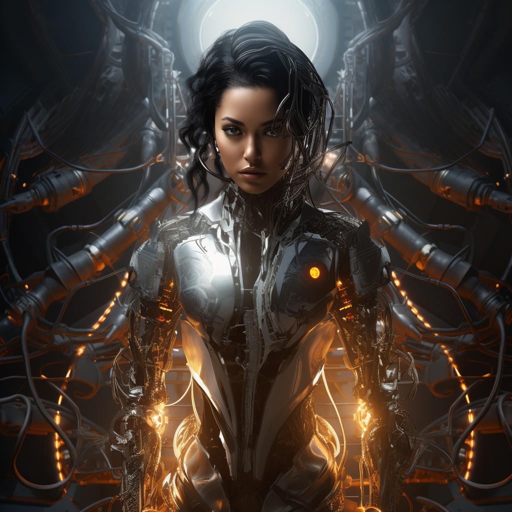 Futuristic Cyborg Absorbing Woman with Wires