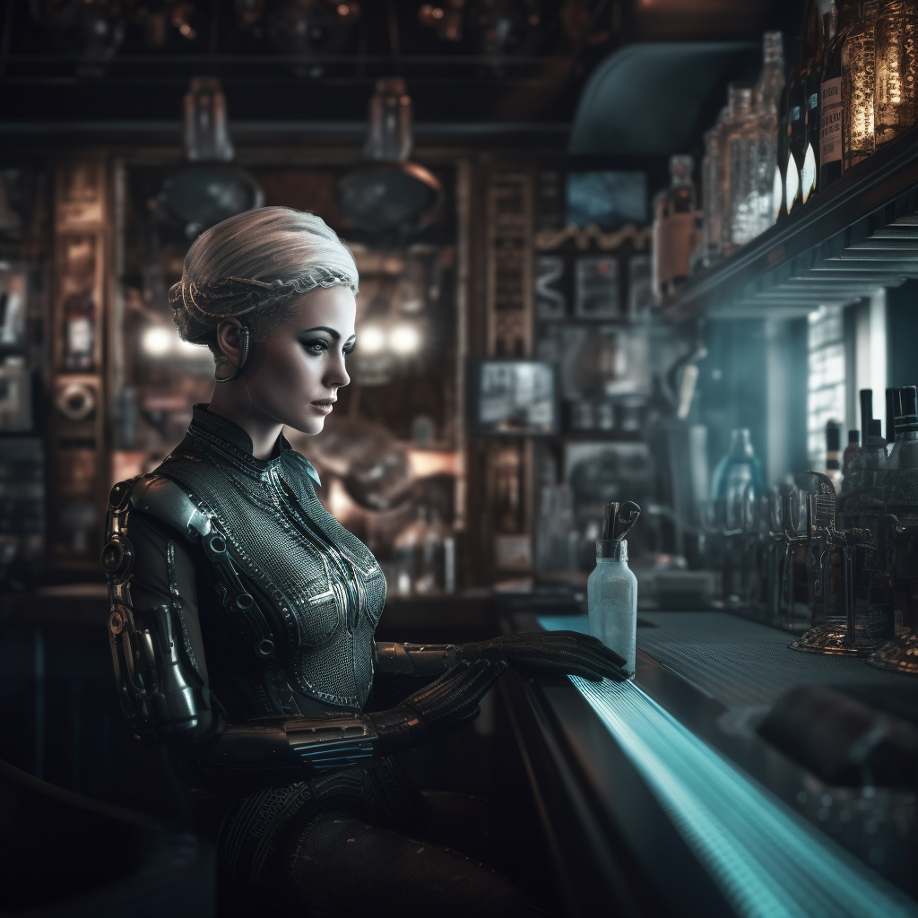 Female cyborg bartender serving drinks