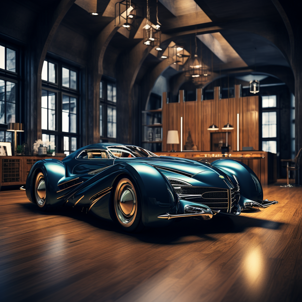 Shiny futuristic dark blue car in office with furniture