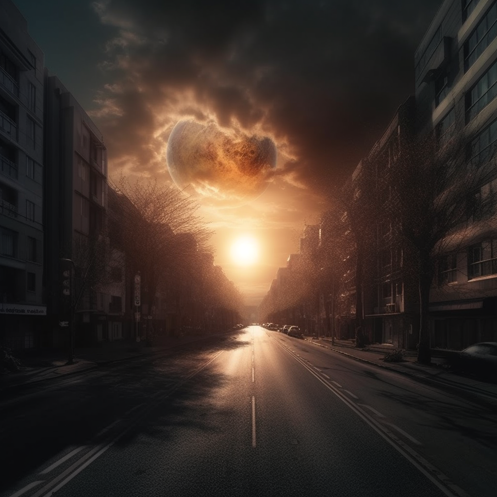 Sun crashing into Earth on an apocalyptic street