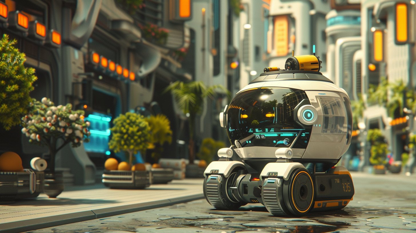 Futuristic delivery robot in virtual intelligence city