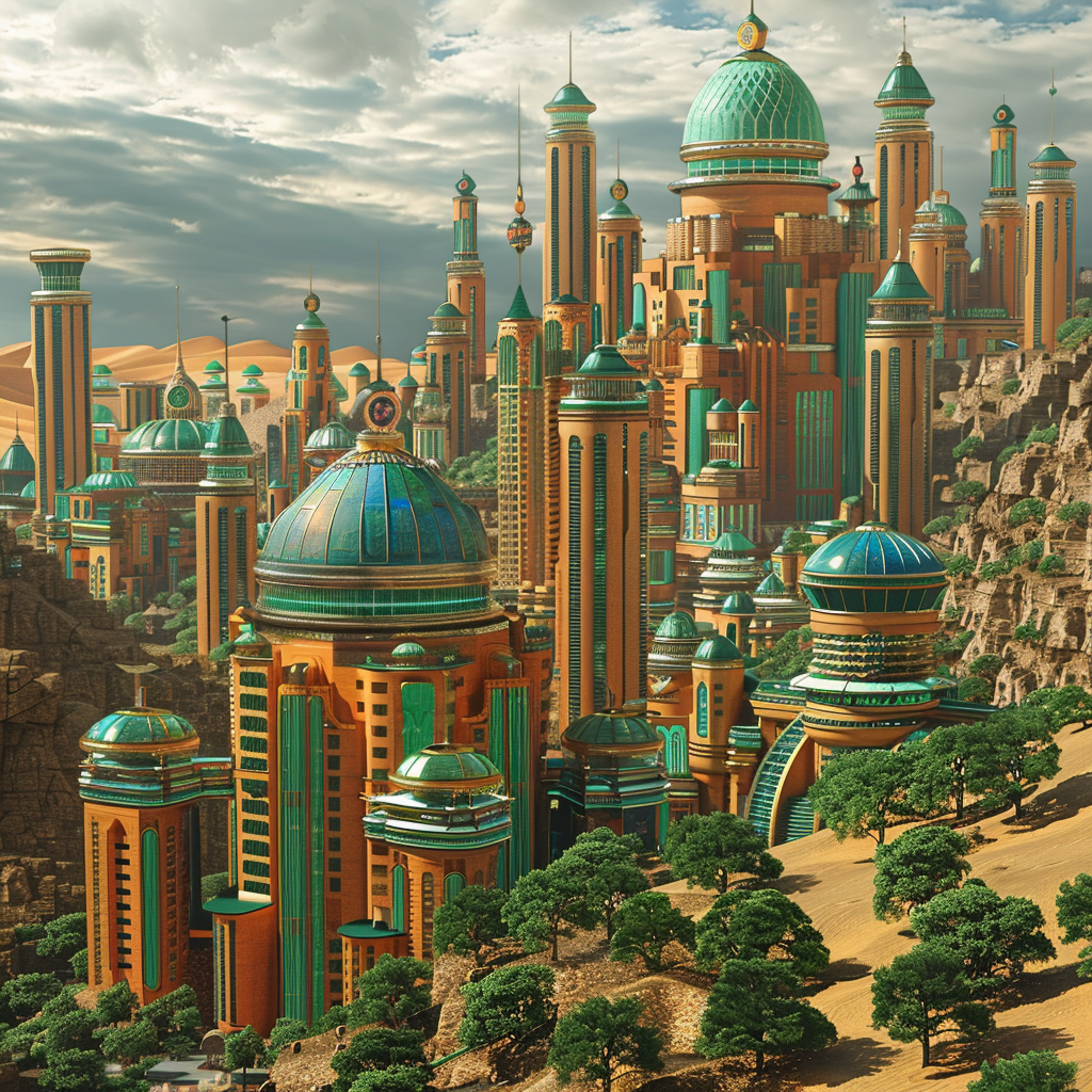 Cityscape with futuristic desert buildings