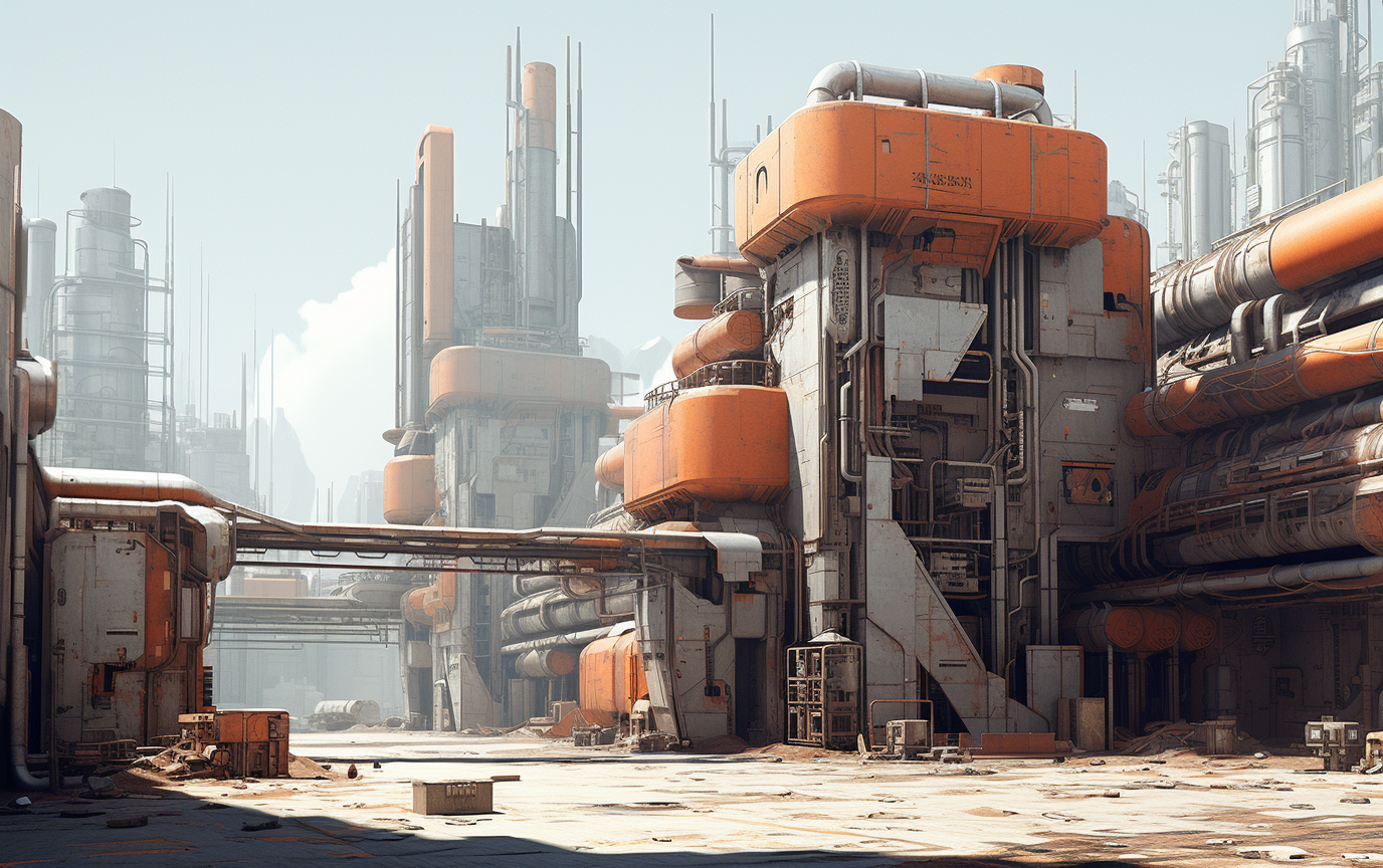 Futuristic deserted city with metal buildings