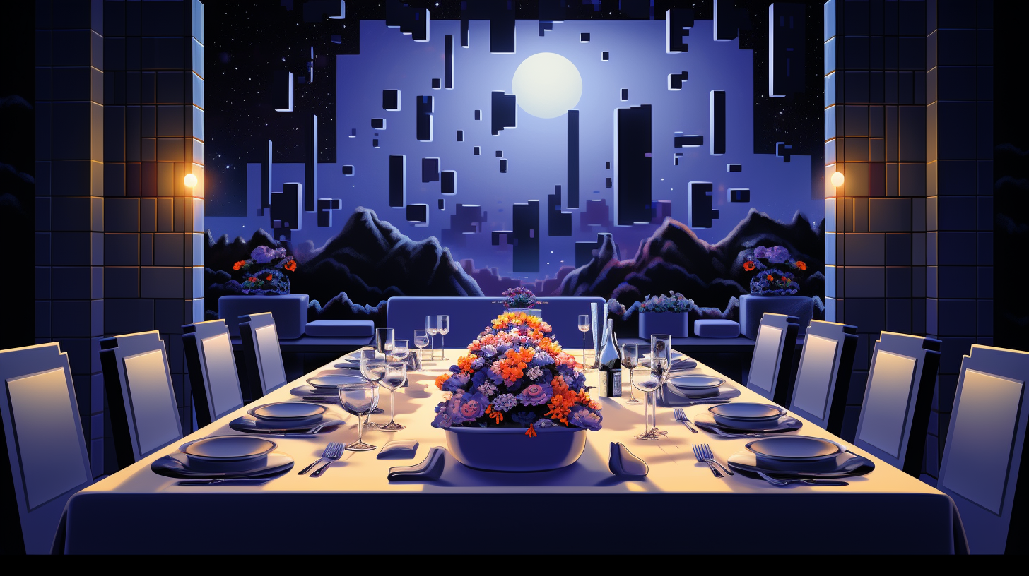 Futuristic dinner banquet in 8-bit theme