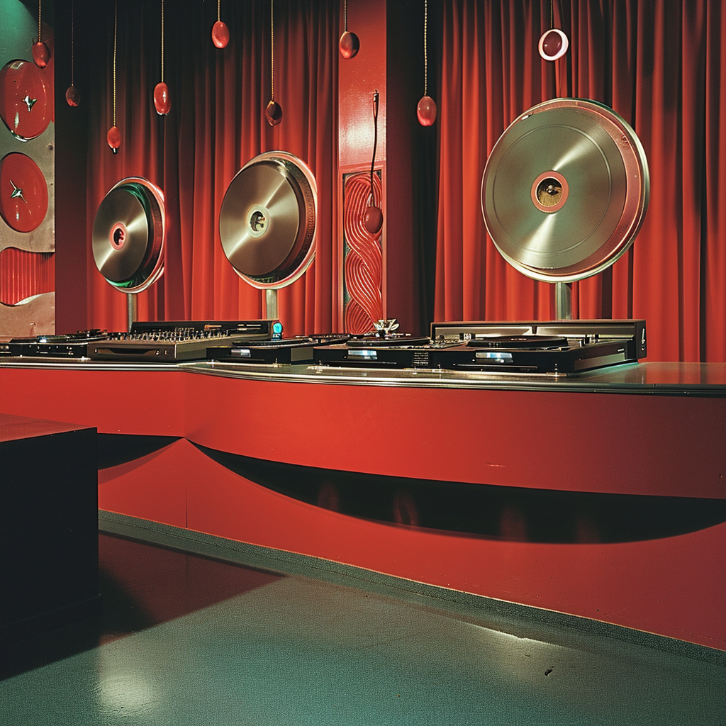 Futuristic DJ booth with vinyl record players