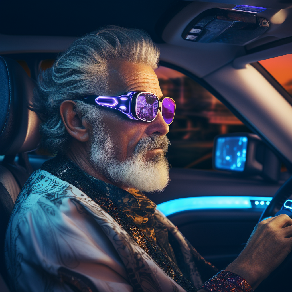 Older man driving with cybernetic glasses