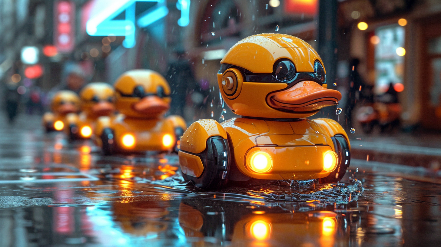 futuristic duck robots racing indoors