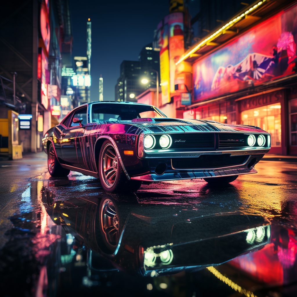 Vibrant neon-lit muscle car in dystopian alley