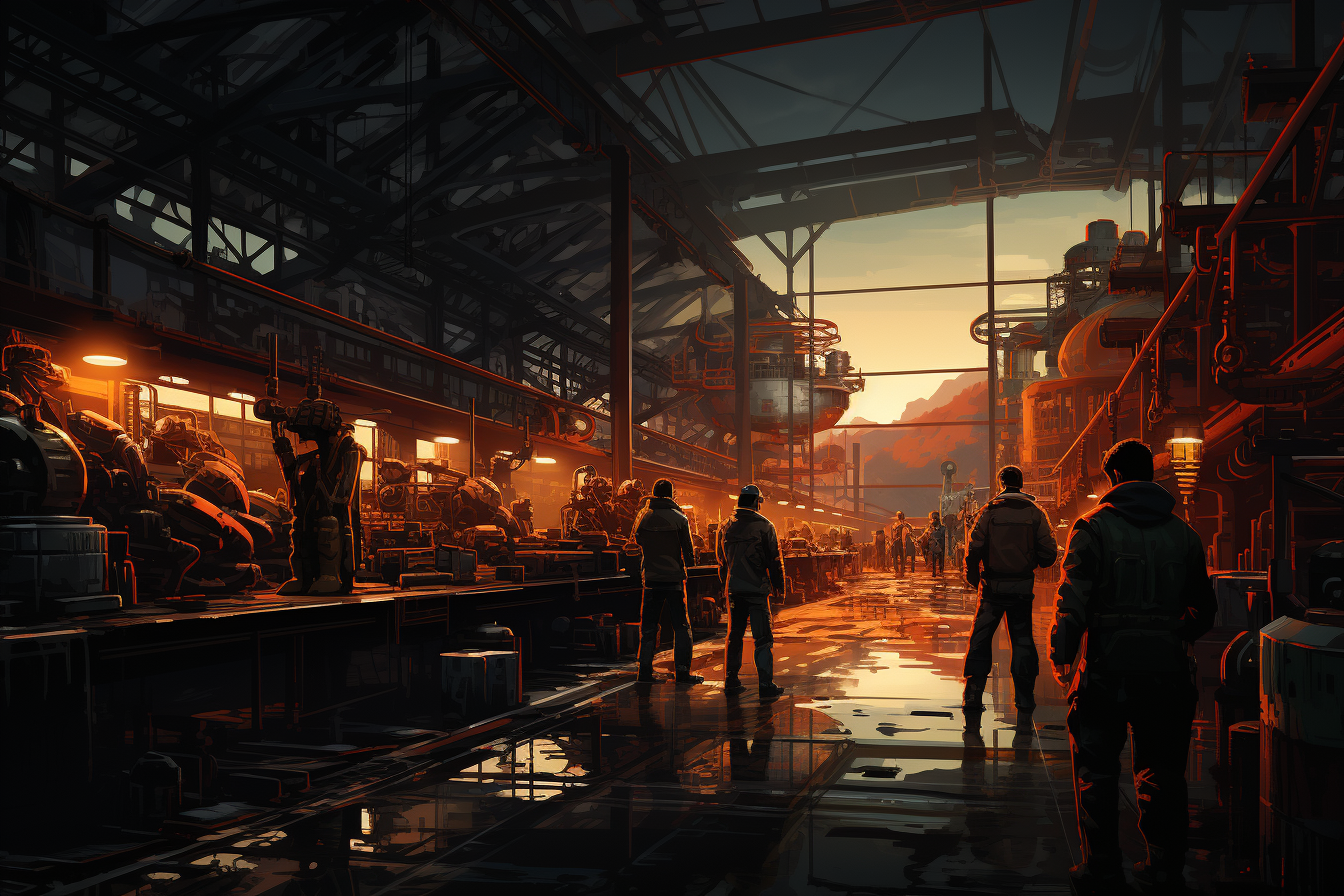 Workers with welders in futuristic factory