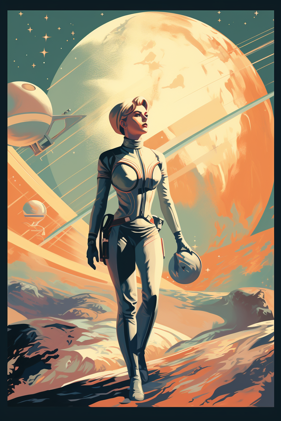 Futuristic elegant woman astronaut exploring imaginary planets