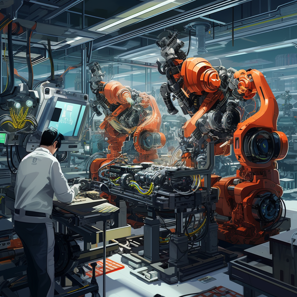 Two robots assembling human-like robots