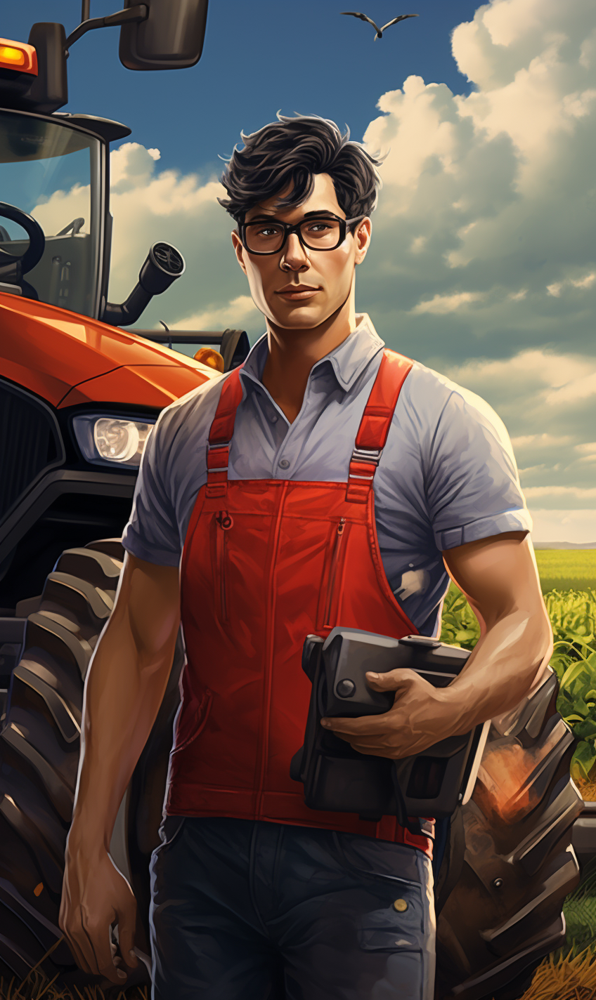 Futuristic farm worker with high-tech tools