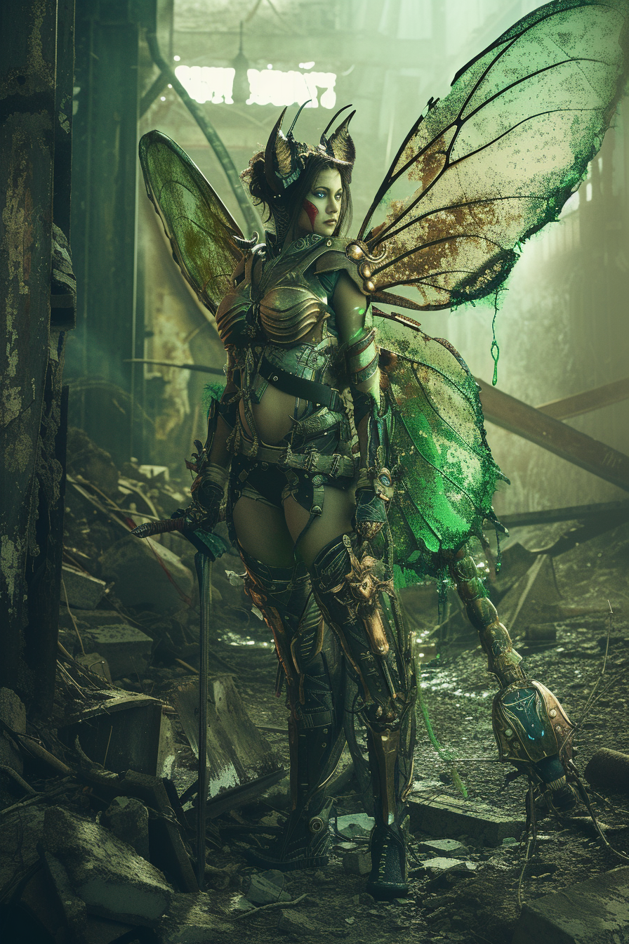 Futuristic Female Warrior in Ruins Holding Wasp Head