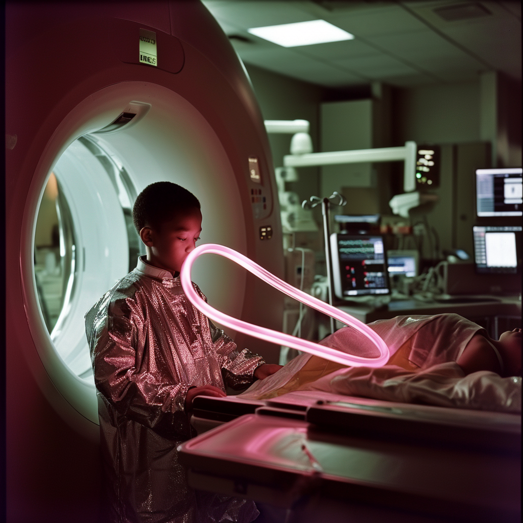 Boy being scanned by futuristic MRI machine