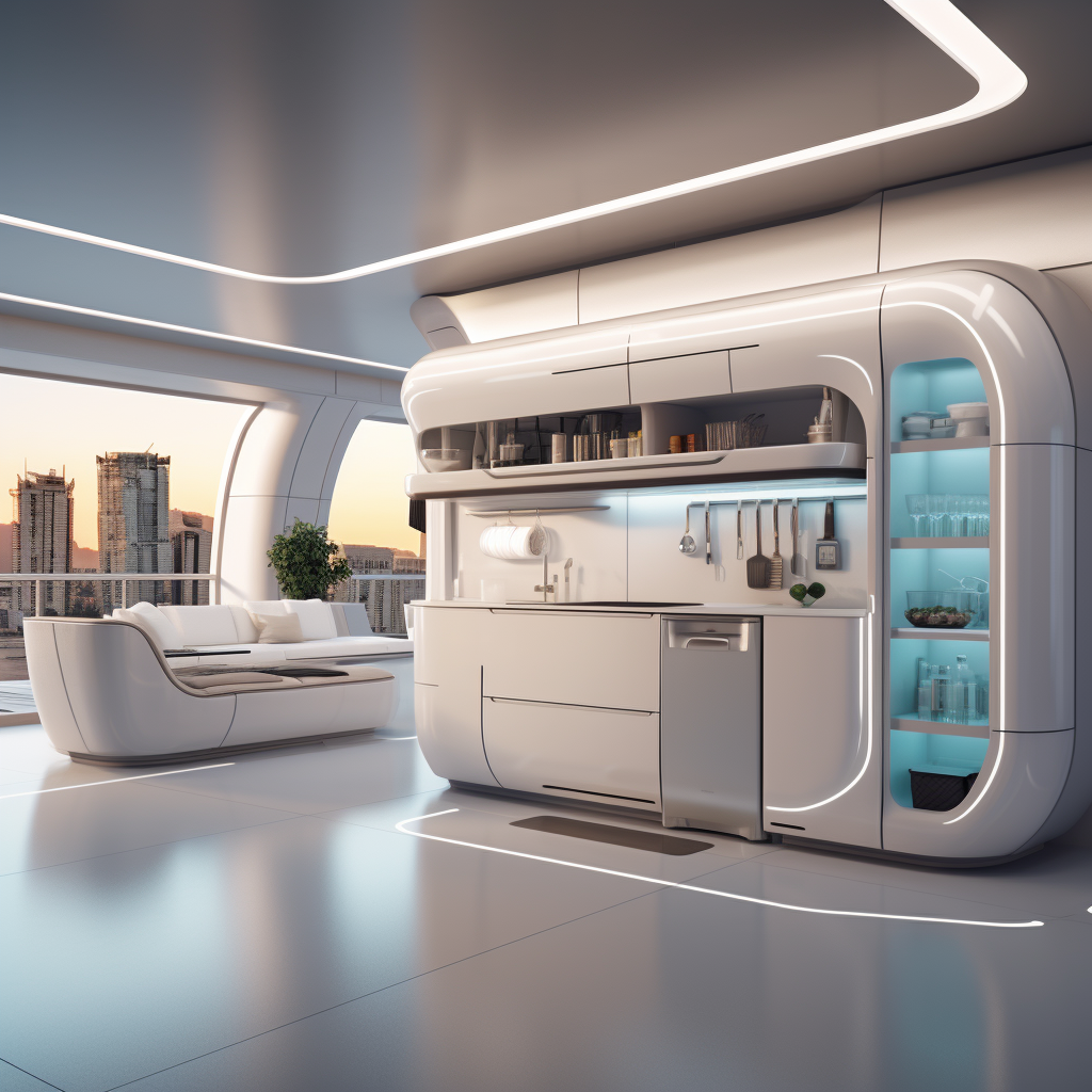 Futuristic kitchen design with smart storage and multi-purpose furniture